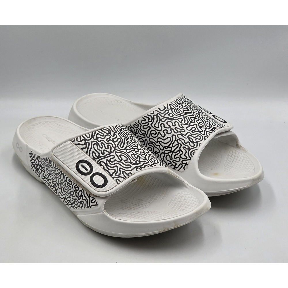 OOFOS OOAHH Sport Flex Slides White Black Labyrinth Men's 12 Women's 14 Unisex